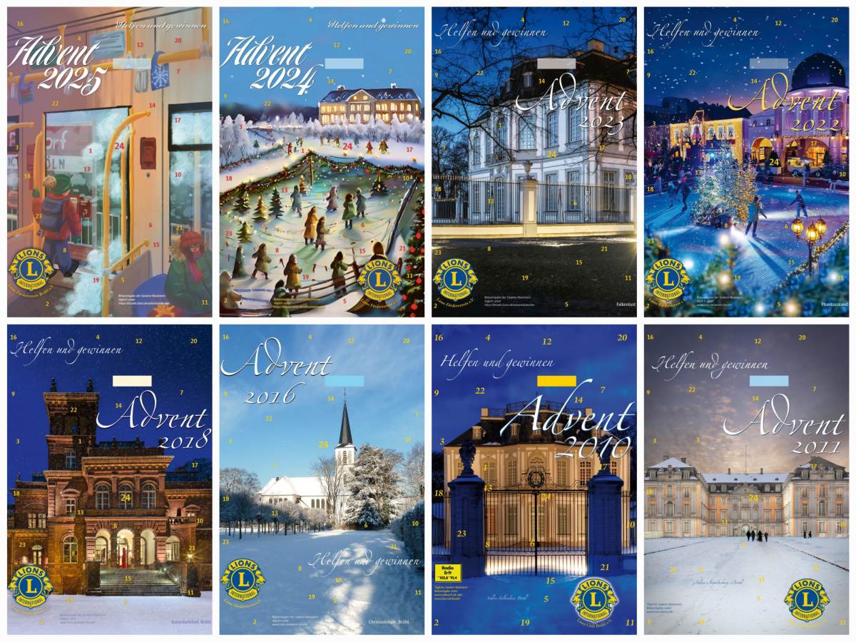 Eine Collage von 8 Vorderseiten des Adventskalenders aus verschiedenen Jahren